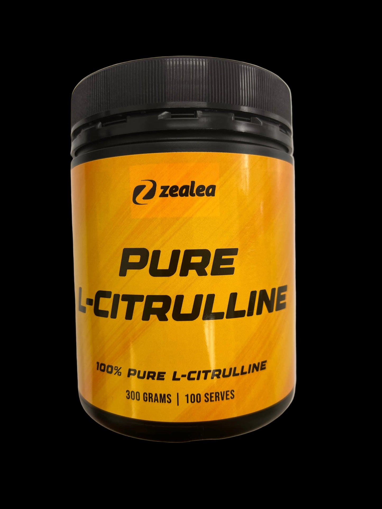Yellow and black supplement container labeled 'Pure L-Citrulline' by Zealea on a white background.