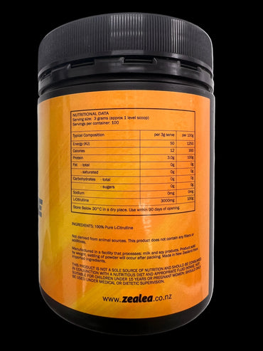 Supplement container with orange label and black lid on a white background