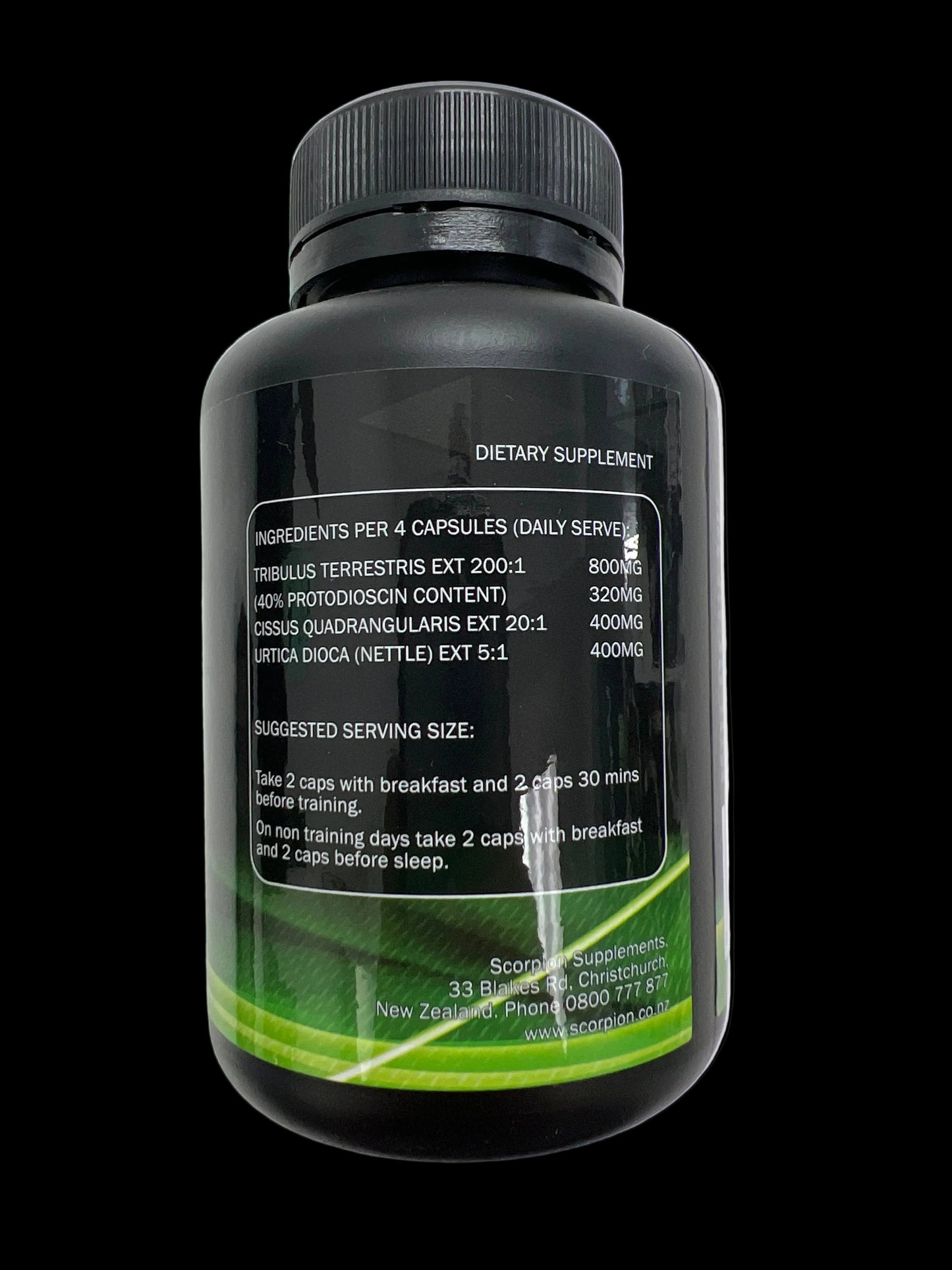 Black dietary supplement bottle with label on a reflective surface