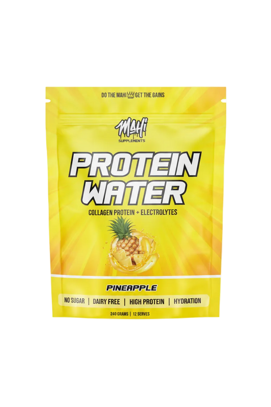 A packet of Mahi Protein Water in pineapple flavor, highlighting its features such as being high in protein, dairy-free, and having electrolytes.