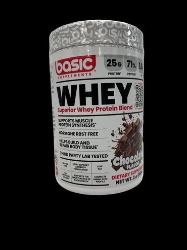 A tub of Basic Supplements Whey Protein Blend in chocolate flavor, shown lying on its side on a white surface.