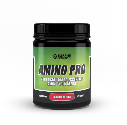 A container of SCORPION AMINO PRO essential amino acid supplement in raspberry cola flavor.