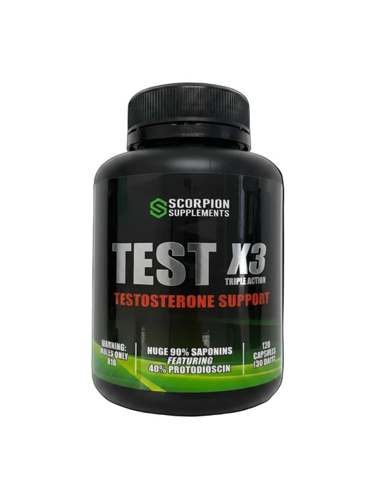 Supplement bottle labeled 'TEST X3' on a reflective surface