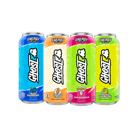 Four cans of Ghost Energy RTD in different flavors, each with its own color scheme and flavor label.
