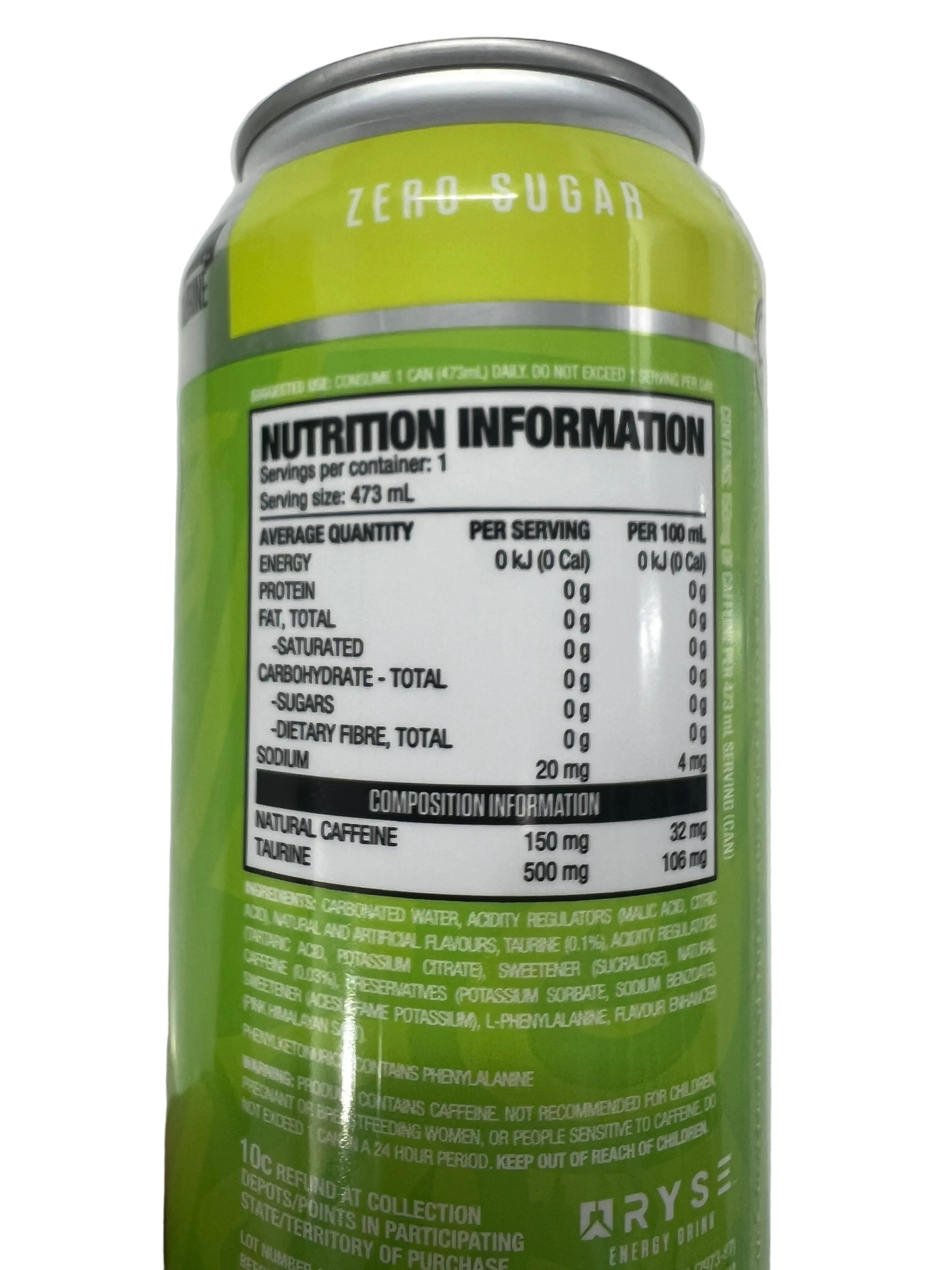 Close-up of the back of a green can of zero sugar energy drink, showing the nutrition label and ARYSE brand logo, with a finger holding it against a plain light background.