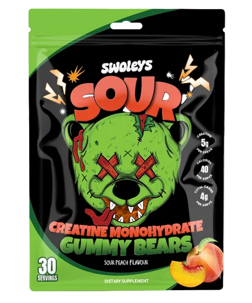 Swoleys Sour Gummy Bears packaging with green and black design