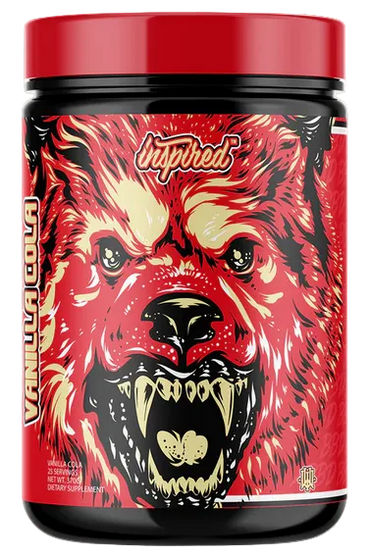 A container of Inspired Big Black DVST8 pre-workout supplement with a stylized bear illustration in vibrant colors.