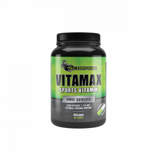 A bottle of SCORPION VITAMAX Sports Multi-Vitamin Pro Series, with green and black label, 60 capsules mentioned, for sports nutrition.