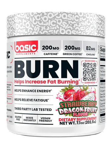 Supplement container labeled 'BURN' with strawberry and dragon fruit flavor on a white background