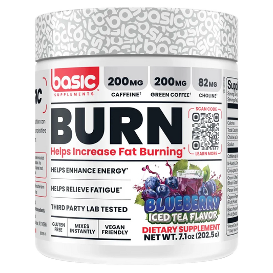 A white plastic tub of basic Supplements 'Burn' dietary supplement in Blueberry Iced Tea Flavor. The label features a white background with a gray patterned lid, bold black text, and red accents, with a blueberry and purple iced tea splash graphic at the bottom.