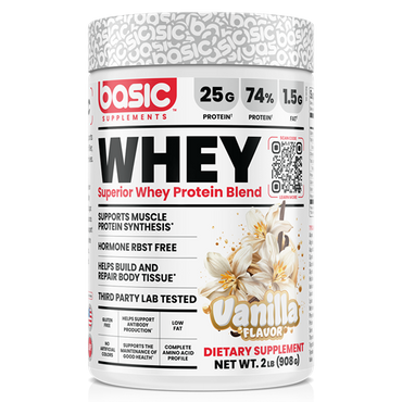 A 2 lb tub of Basic Supplements Whey Protein Blend in Vanilla Flavor, featuring a white container with red and black text and vanilla flower graphics.