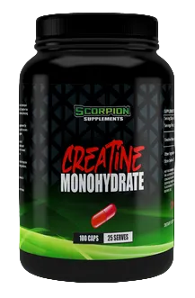 A container of Scorpion Creatine Monohydrate Capsules with 100 caps indicated for 25 servings, primarily black in color with green and red accents and text.
