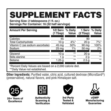Supplement facts label with nutritional information and product guarantees on a white background