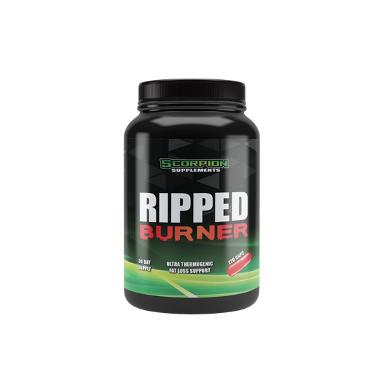A container of Scorpion Ripped Burner capsules, which is a fat burner supplement.