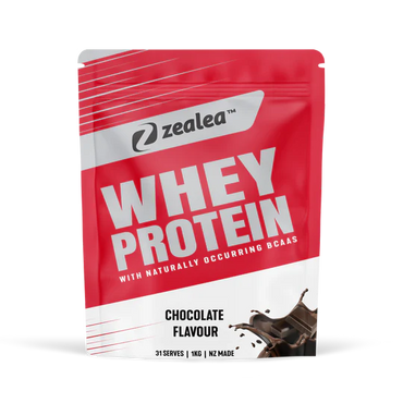 Zealea whey protein package with red and white design on a white background
