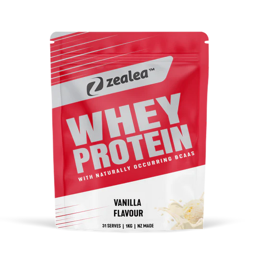 Zealea whey protein package with red and white design on a white background