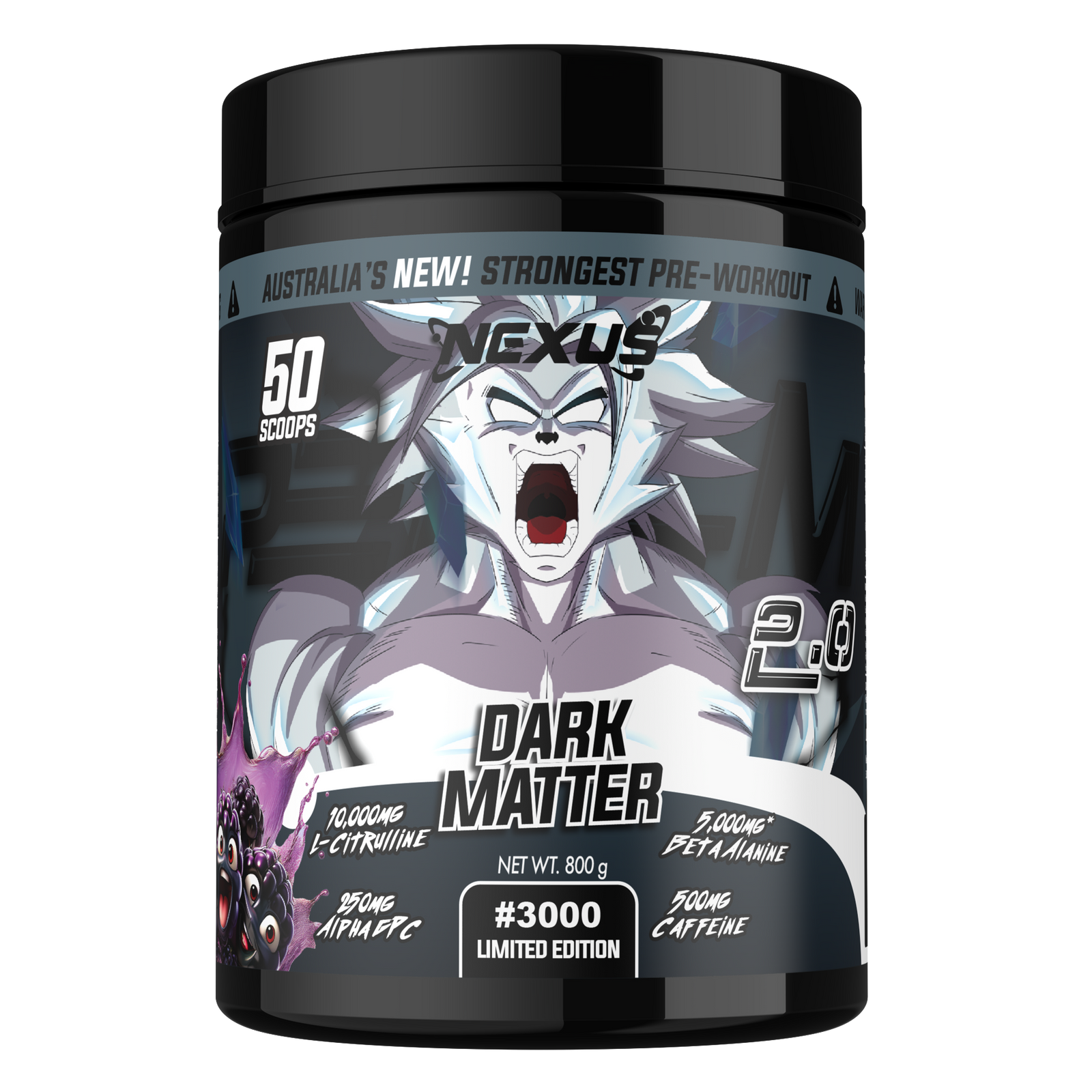 Nexus Supplements Dark Matter pre-workout supplement container with character illustration on a white background