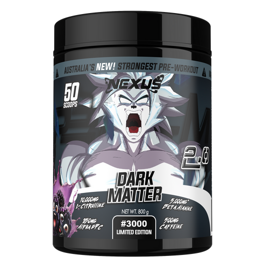 Nexus Supplements Dark Matter pre-workout supplement container with character illustration on a white background