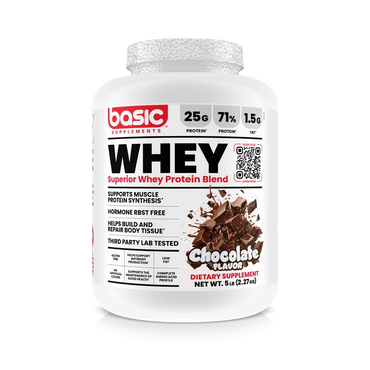 Whey protein supplement container with chocolate flavor on a white background
