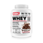 Whey protein supplement container with chocolate flavor on a white background