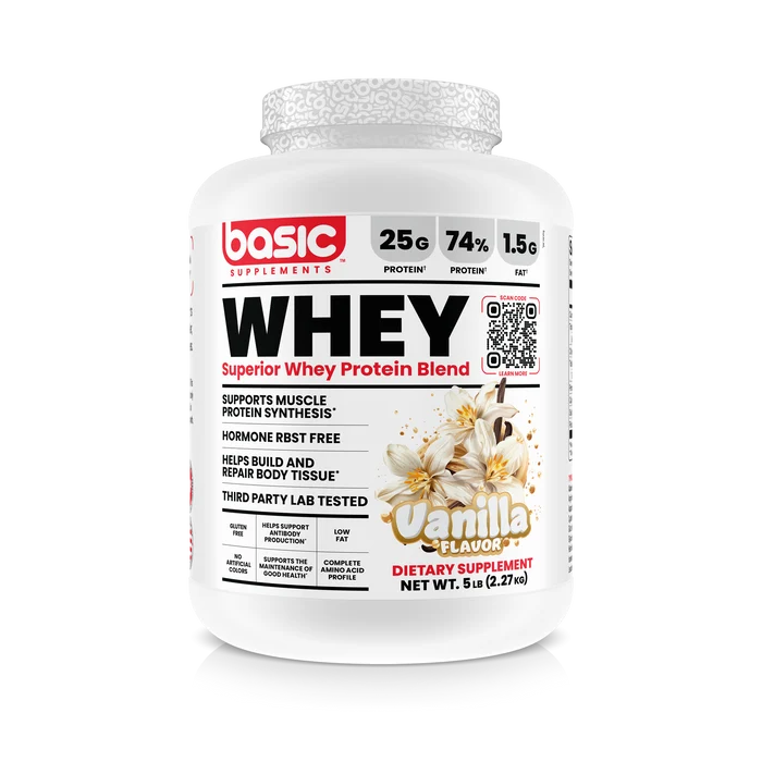 Whey protein supplement container with vanilla flavor on a white background