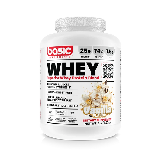 Whey protein supplement container with vanilla flavor on a white background