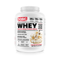 Whey protein supplement container with vanilla flavor on a white background