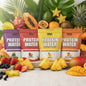 Four bags of MAHI Protein Water in different flavors on a shelf.