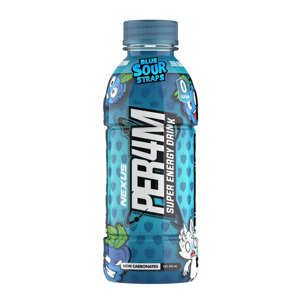 Blue energy drink bottle with PER4M branding on a white background