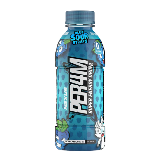 Blue energy drink bottle with PER4M branding on a white background