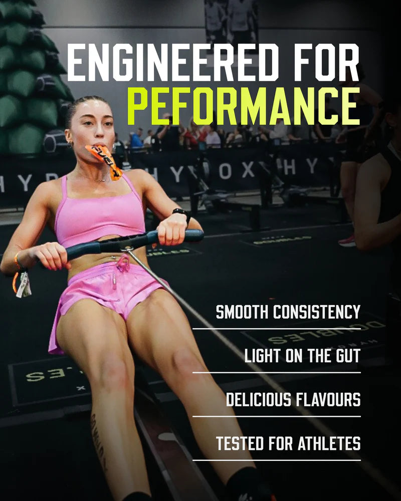 hyrox Woman using a rowing machine with promotional text about product features.