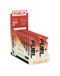 Display of FUELr isotonic energy gel boxes on a white background
