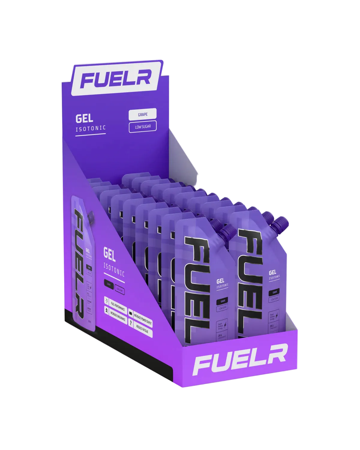 Display of purple 'FUELr' gel containers on a white background