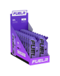 Display of purple 'FUELr' gel containers on a white background