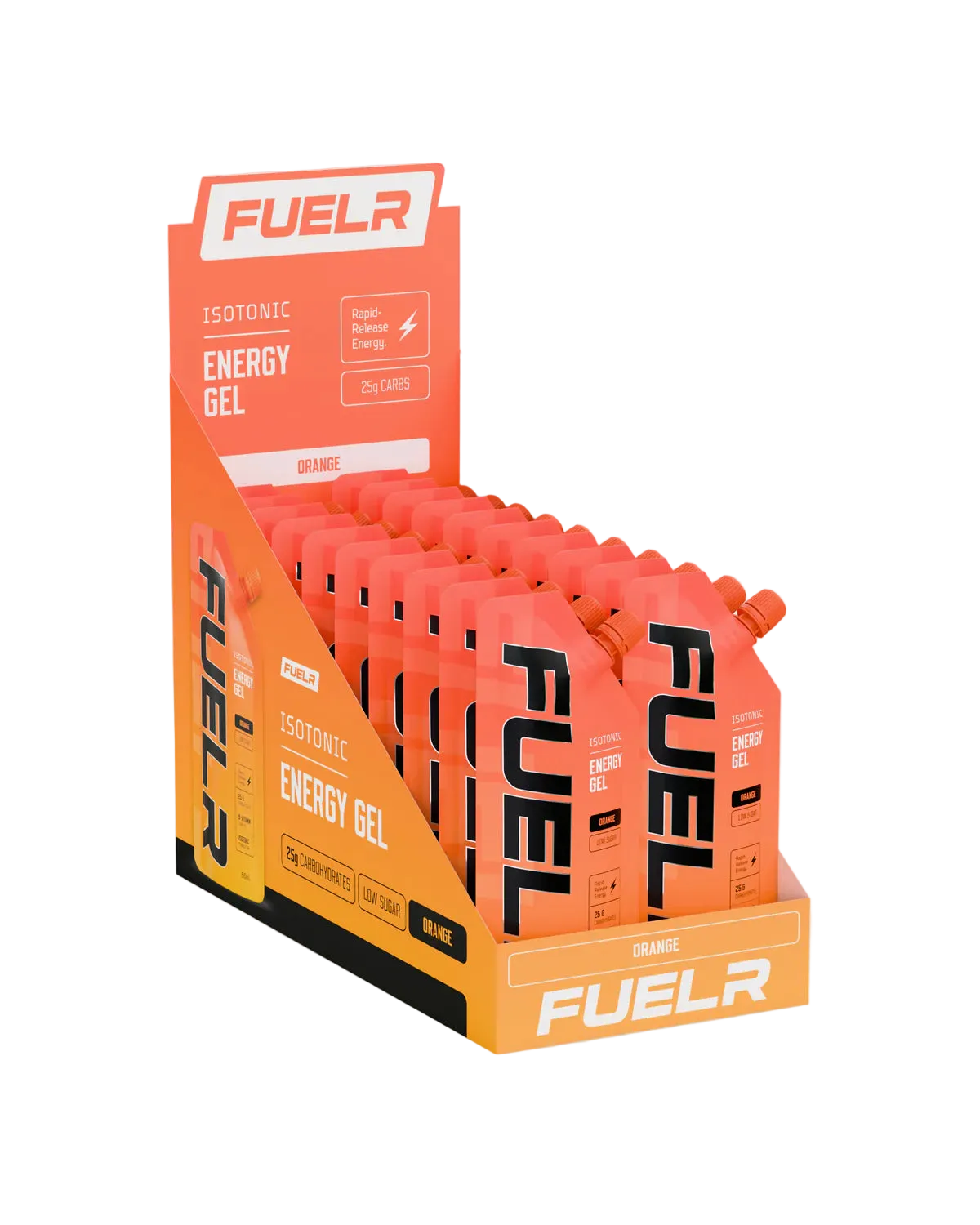 Display of FUELr energy gel packs with an orange packaging box.