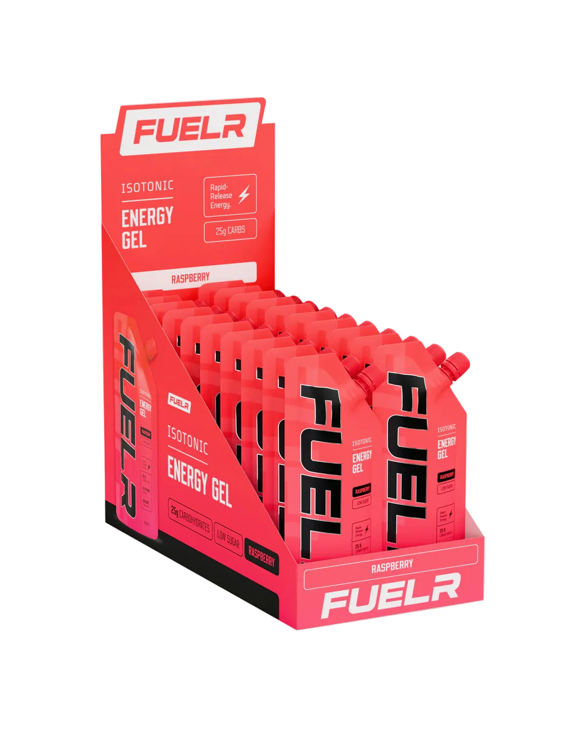 Display box of FUELr isotonic energy gel with red packaging on a white background
