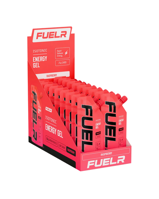 Display box of FUELr isotonic energy gel with red packaging on a white background