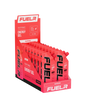 Display box of FUELr isotonic energy gel with red packaging on a white background