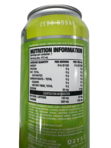 Close-up of the back of a green can of zero sugar energy drink, showing the nutrition label and ARYSE brand logo, with a finger holding it against a plain light background.