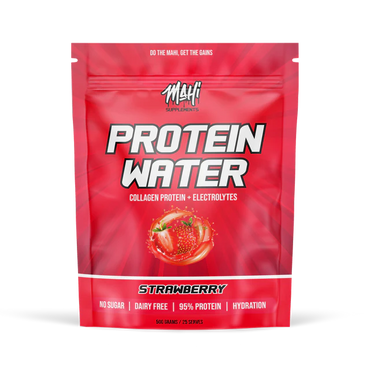 Red package of Maha Protein Water Strawberry flavor on a white background