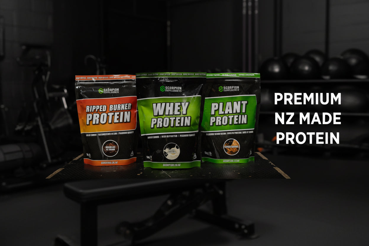 Three protein powder packages labeled 'Ripped Burner Protein', 'Whey Protein', and 'Plant Protein' with 'Premium NZ Made Protein' text on a dark background.