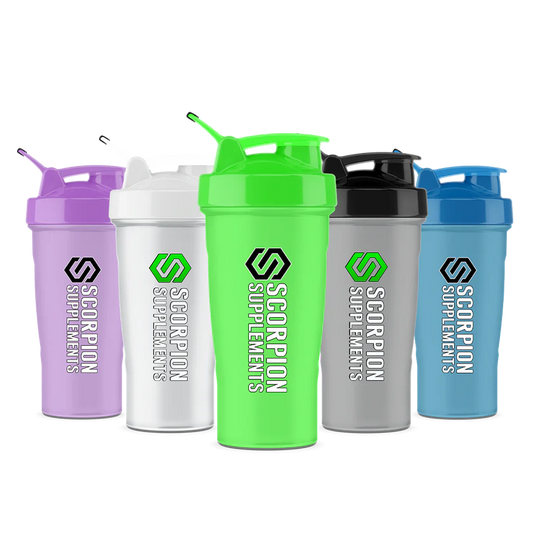 Five plastic shaker bottles from Scorpion Supplements lined up on a white background, featuring purple, white, neon green, gray, and blue colors.