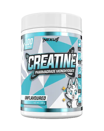 A container of Nexus Sports Nutrition Creatine Monohydrate with a blue and white label, flavored with lemon and ginger, and featuring a fox graphic.