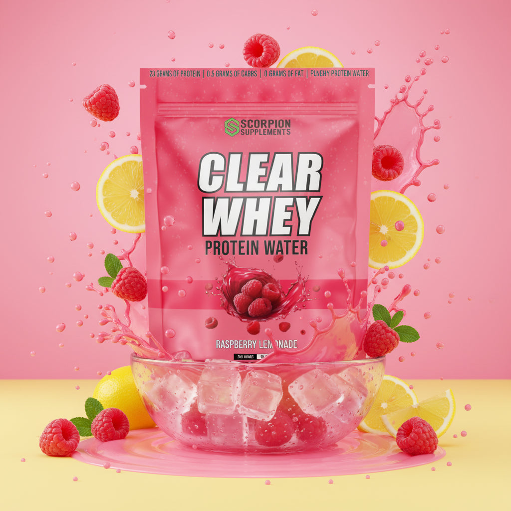 Pink package of Scorpion Supplements Clear Whey Protein Water with raspberry lemonade flavor on a white background