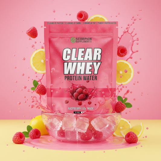 Pink package of Scorpion Supplements Clear Whey Protein Water with raspberry lemonade flavor on a white background