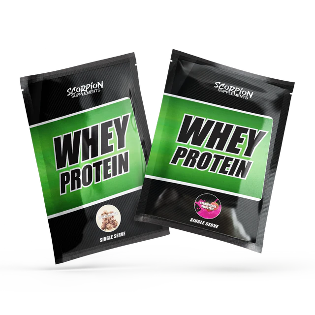 Two Scorpion Supplements whey protein packets on a white background
