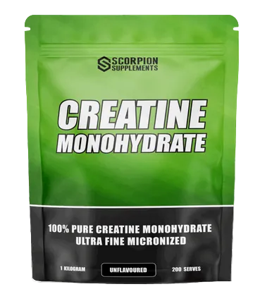 Green supplement package of Scorpion Supplements Creatine Monohydrate on a white background