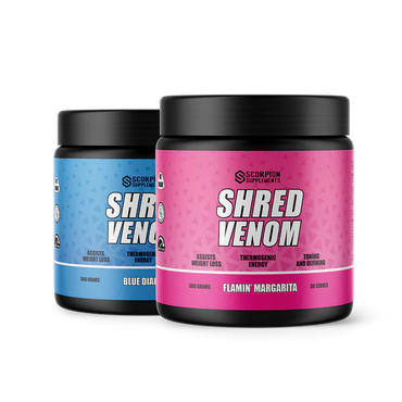 Two Scorpion Supplements Shred Venom containers, one blue and one pink, on a white background.