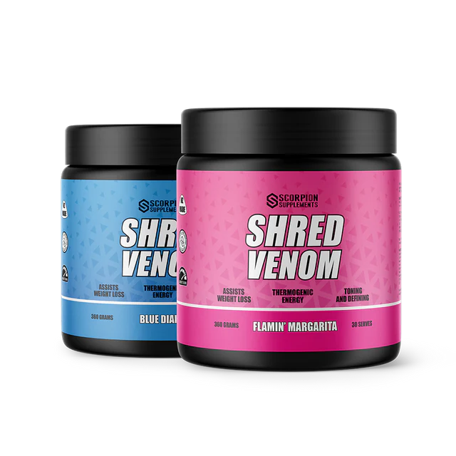Two Scorpion Supplements Shred Venom containers, one blue and one pink, on a white background.