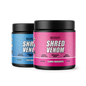 Two Scorpion Supplements Shred Venom containers, one blue and one pink, on a white background.